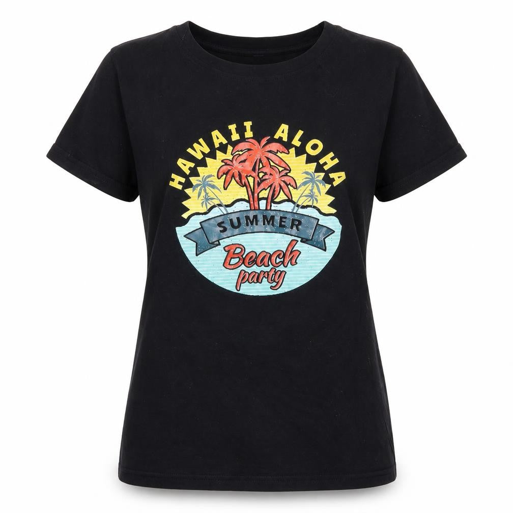 Front view of SHEIN women’s black cotton basic t-shirt, size S, crew neck - beach party