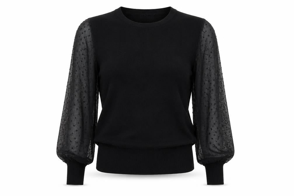 Front view of New Look women’s black polka dot viscose basic blouse, size UK 10, round neck - spotted pattern on arms