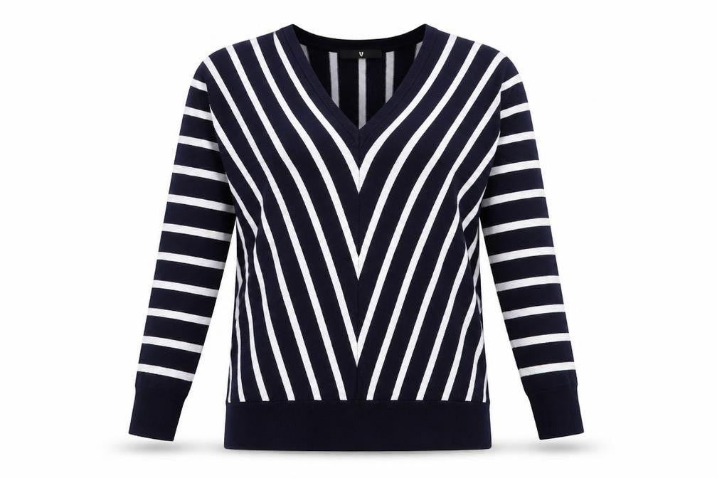 Front view of Very women’s blue v-neck striped viscose jumper, size UK 8