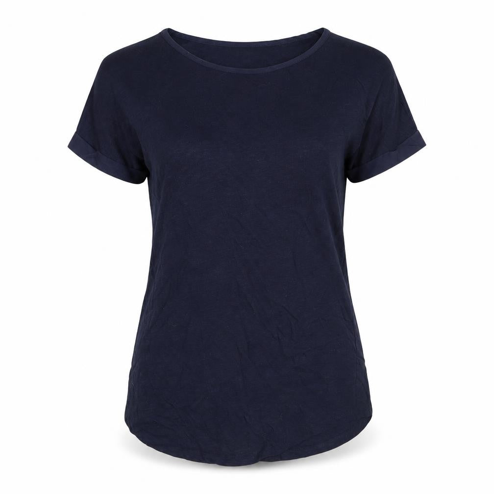 Front view of Oasis women’s blue cotton basic t-shirt, size XS, round neck