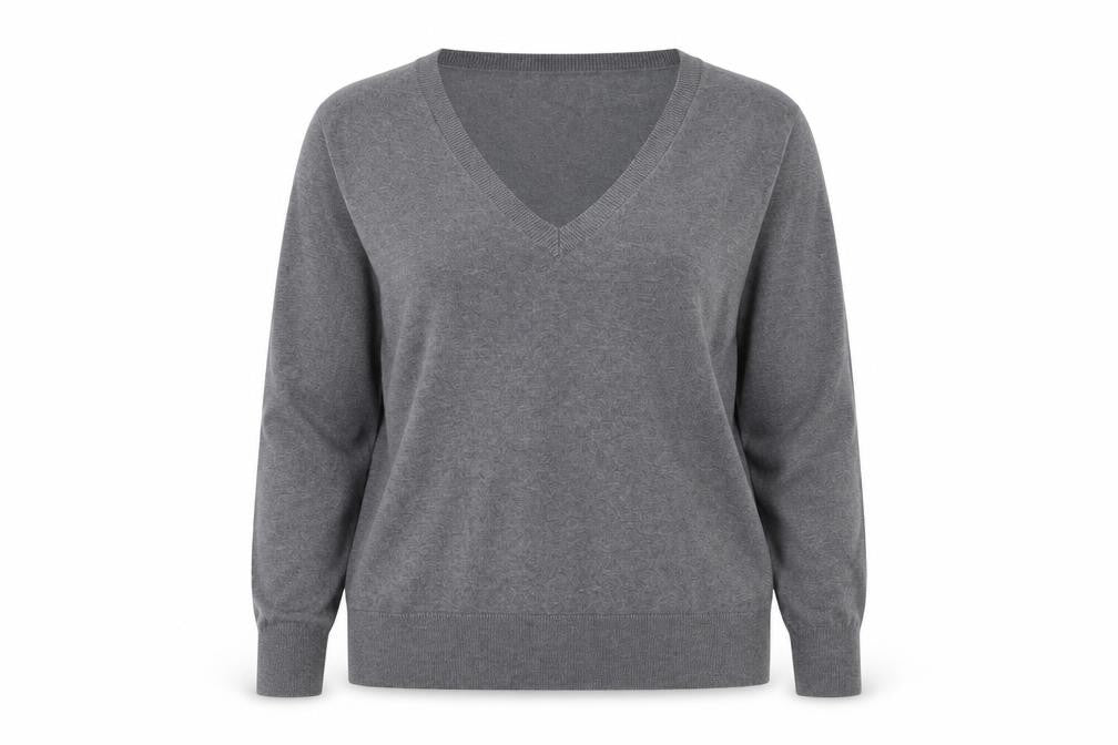Front view of H&M women’s grey v-neck viscose jumper, size L