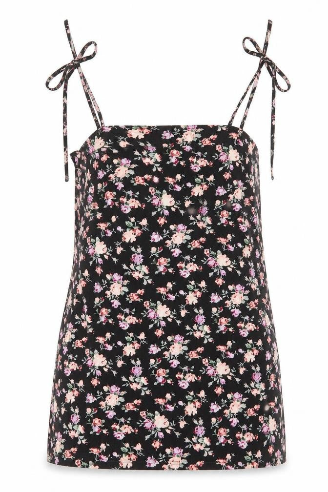 Front view of SHEIN women’s black floral polyester mini, size S, square neck