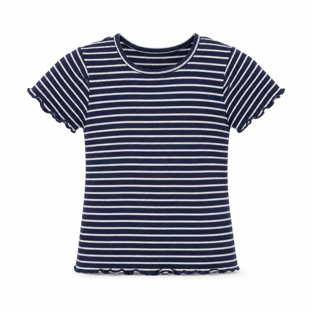 Front view of Tu girls’ multicoloured striped cotton basic t-shirt, size 6, years round neck pullover