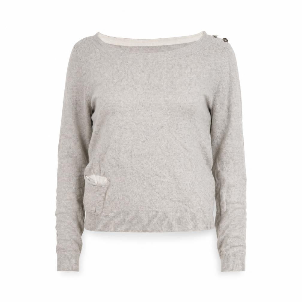 Front view of Topshop women’s beige round neck viscose jumper, size UK 6