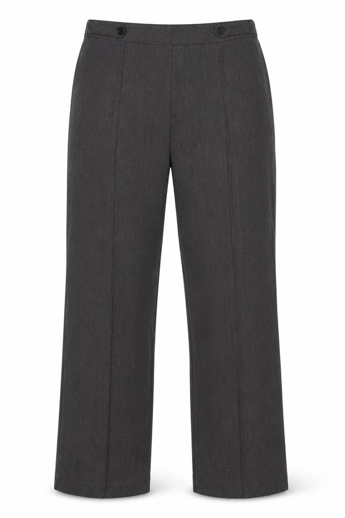 Front view of Bonmarché women’s grey polyester trousers, size UK 12, 26-inch leg regular