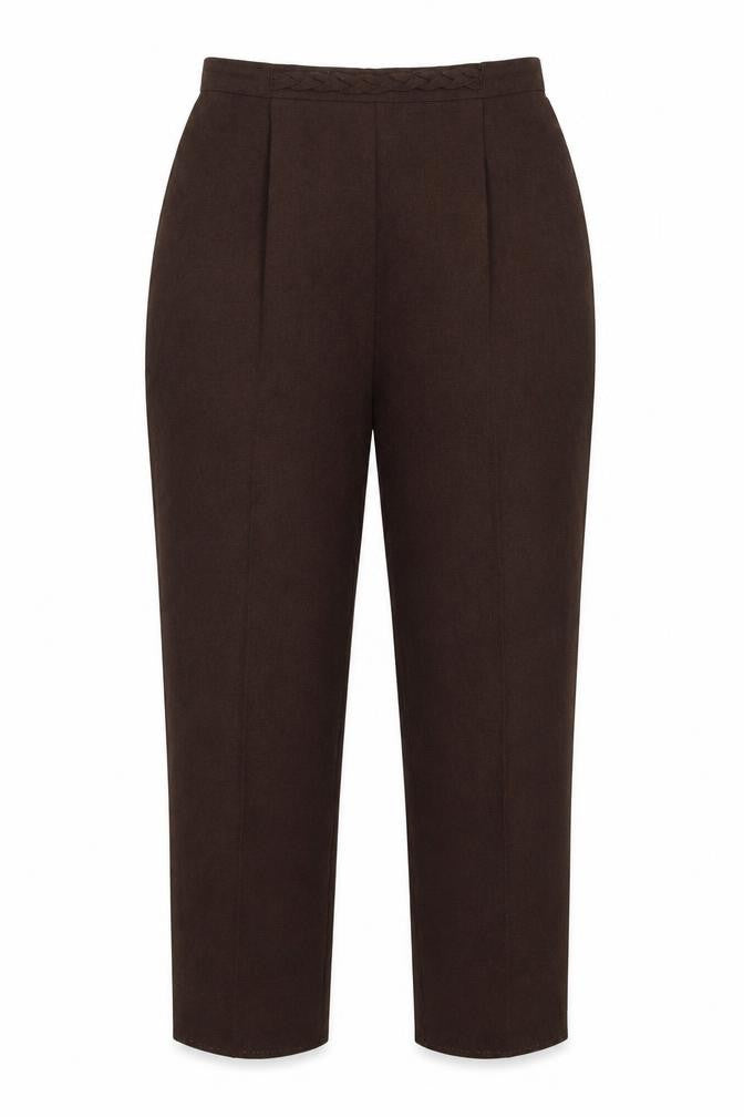 Front view of slimma women’s brown polyester trousers, size UK 14, 29-inch leg regular