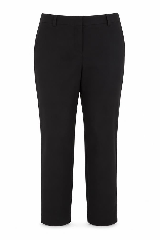 Front view of H&M women’s black polyester trousers, size UK 10, 30-inch leg regular hook & eye