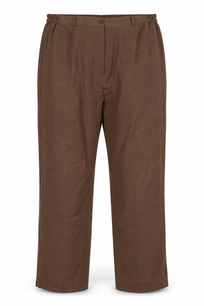Front view of Anne Smith women’s brown polyester trousers, size UK 18, 28-inch leg regular button