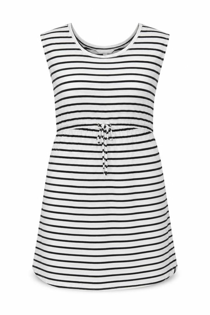 Front view of H&M women’s white striped viscose a-line, size M, crew neck drawstring