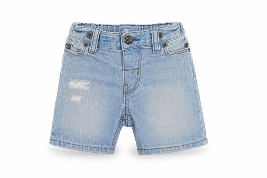 Front view of H&M Baby Blue Cotton Cropped Jeans, size 9-12, Months Button