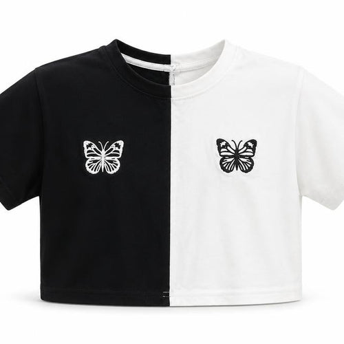 SheIn Girls Black Colourblock Cotton Cropped T-Shirt Size 8 Years Crew Neck  - butterflies