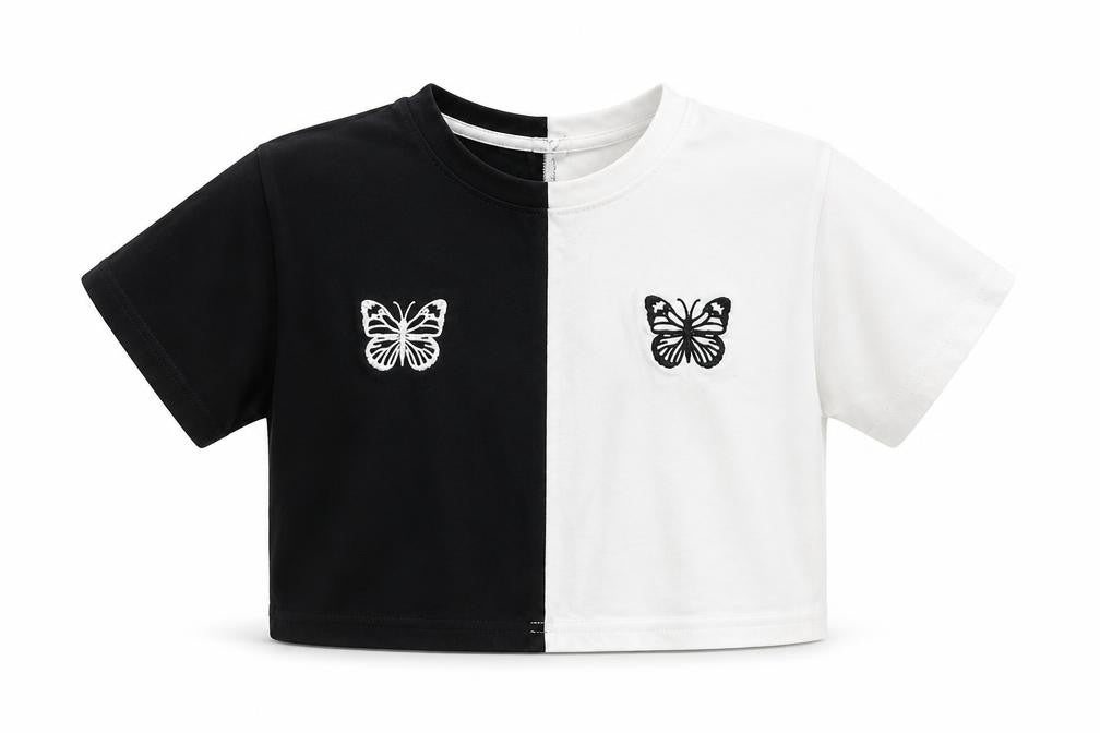 SheIn Girls Black Colourblock Cotton Cropped T-Shirt Size 8 Years Crew Neck  - butterflies