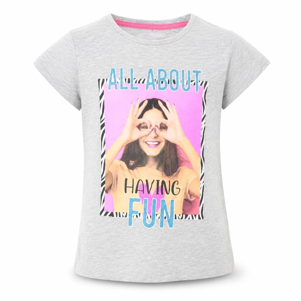 Pep & Co Girls Grey  Cotton Basic T-Shirt Size 7-8 Years Crew Neck  - All about having fun