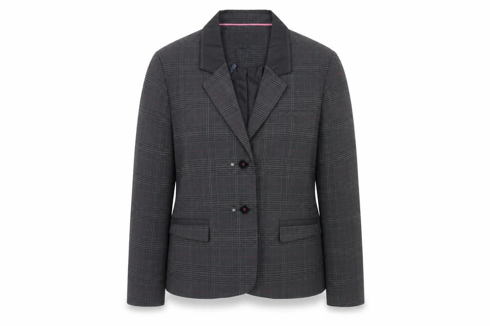 Front view of Thalassa women’s grey plaid polyester jacket blazer, size UK 10, - approximate sizing