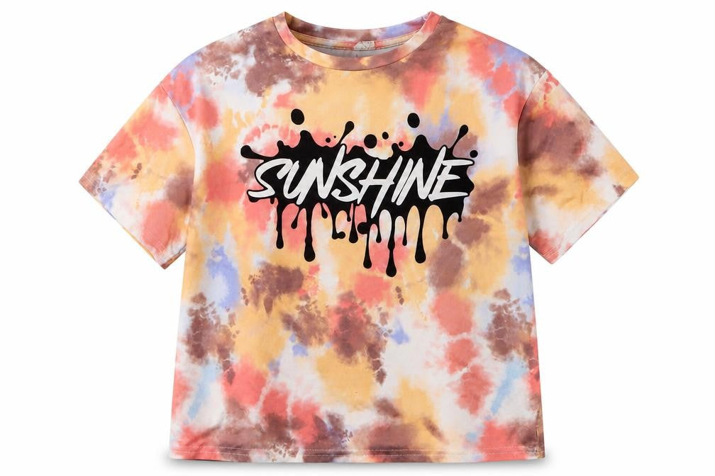 Front view of SHEIN girls’ multicoloured polyester basic t-shirt, size 8, years crew neck pullover - sunshine