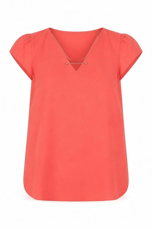 Front view of Atmosphere women’s pink polyester basic blouse, size UK 12, v-neck