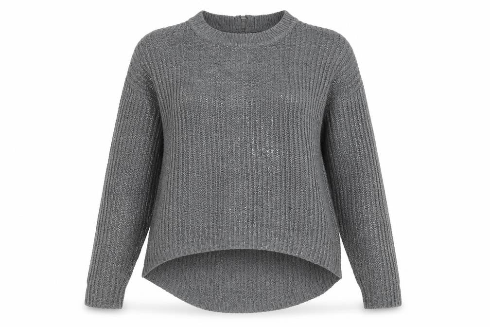 Front view of Dex women’s grey round neck acrylic jumper, size XS