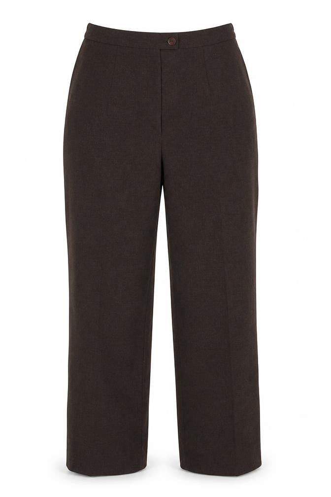 Front view of Berkertex women’s brown polyester trousers, size UK 10, 24-inch leg regular button