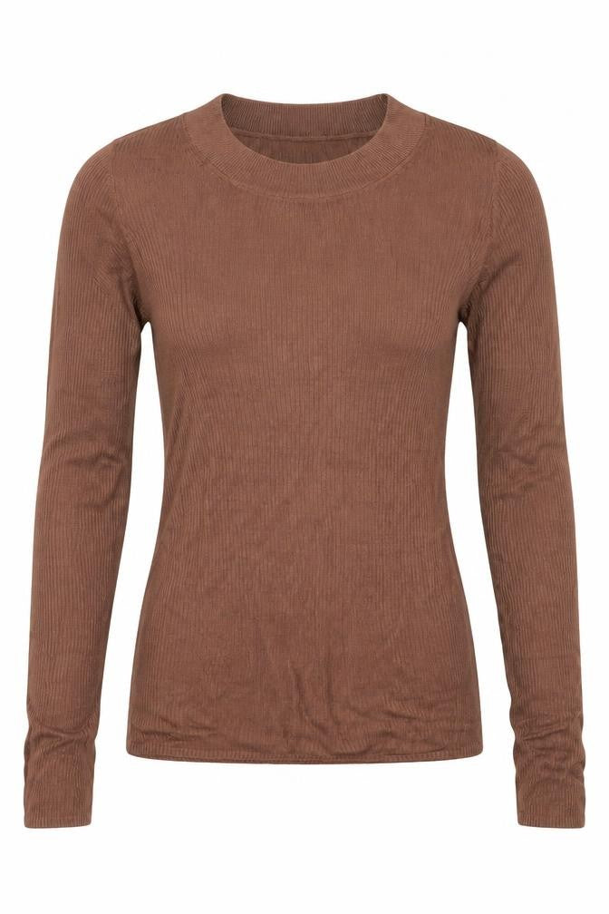 Front view of H&M women’s brown round neck viscose jumper, size S