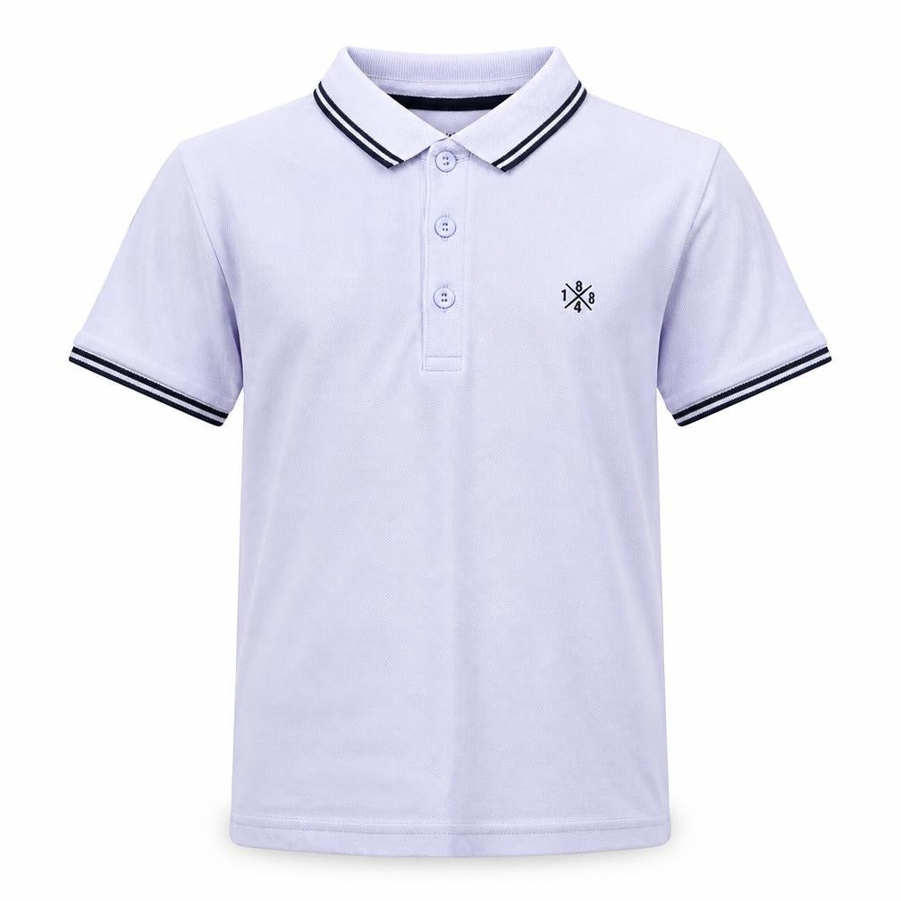 Front view of Marks & Spencer boys’ purple 100% cotton basic polo, size 9-10, years collared button