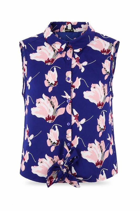 Front view of Brave Soul women’s blue floral polyester basic blouse, size M, collared - tie at bottom, button-up