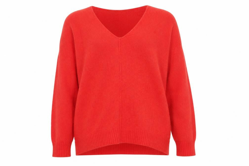 Front view of H&M women’s orange v-neck acrylic jumper, size M