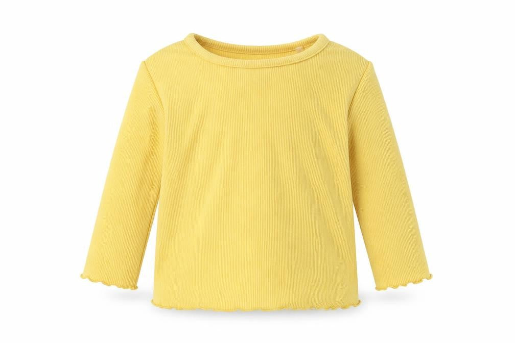 Front view of Next girls’ yellow cotton basic t-shirt, size 3-6, months round neck pullover