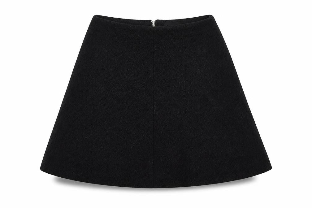 Front view of Topshop women’s black polyester mini skirt, size UK 8