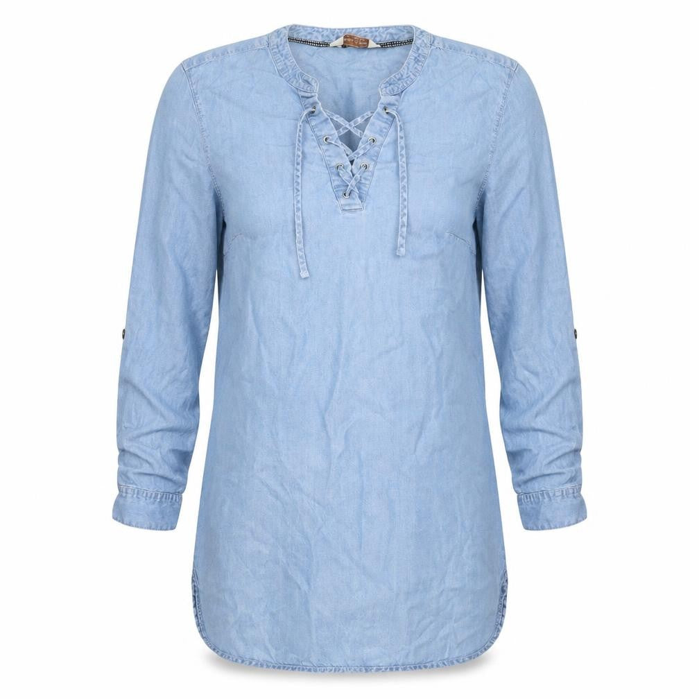 Front view of F&F women’s blue lyocell shift, size UK 14, v-neck