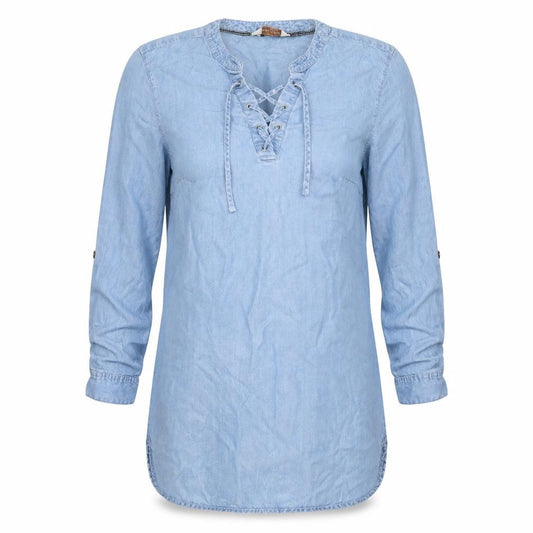 Front view of F&F women’s blue lyocell shift, size UK 14, v-neck