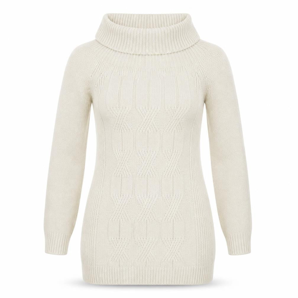 Front view of Preworn women’s beige roll neck acrylic jumper, size S