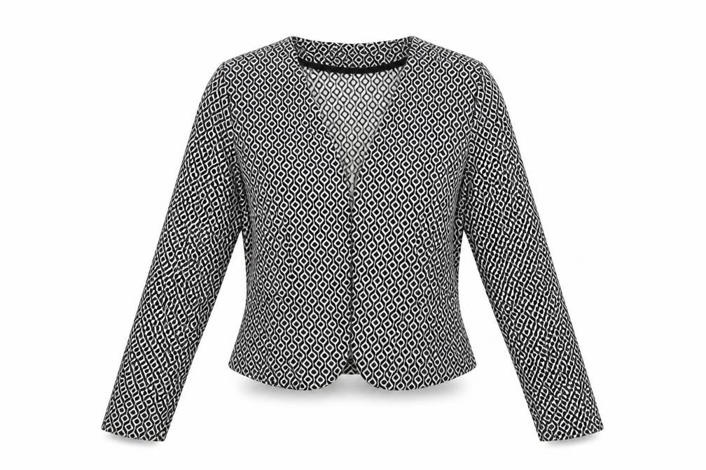 Front view of A'Gaci women’s black geometric jacket blazer, size S