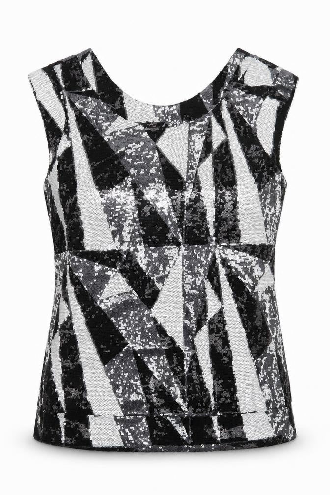 Front view of Julien Macdonald women’s black geometric polyamide basic blouse, size UK 14, round neck
