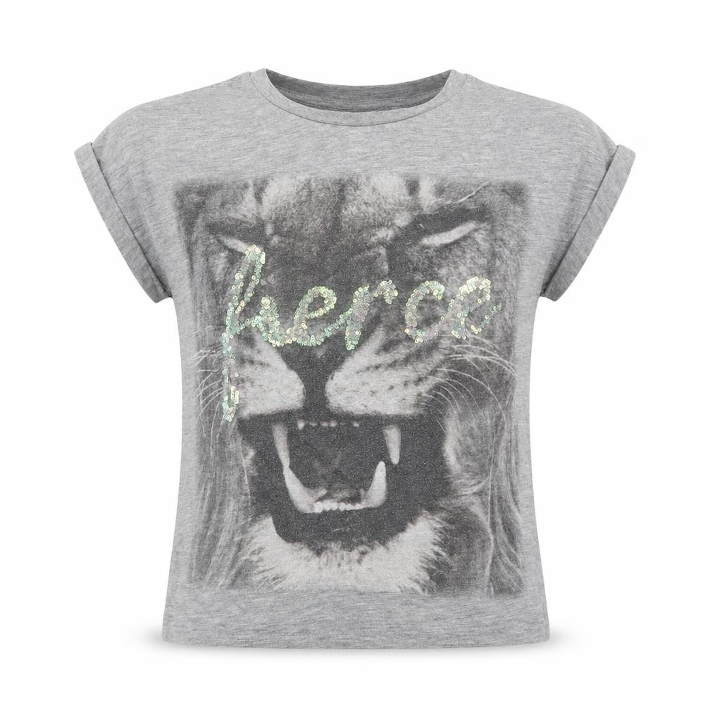 Front view of Outfit girls’ grey polyester basic t-shirt, size 5, years crew neck pullover - fierce