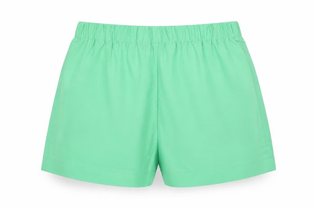 Front view of sherin women’s green polyester paperbag shorts, size M, regular pull on