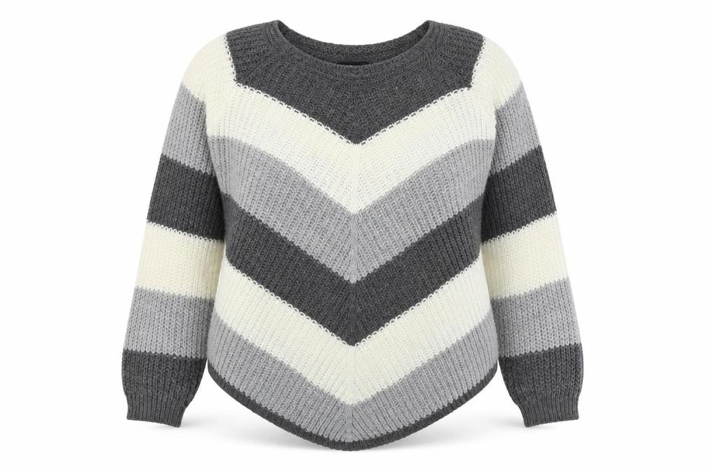 Cameo Womens Grey Crew Neck Striped Acrylic Pullover Jumper Size L