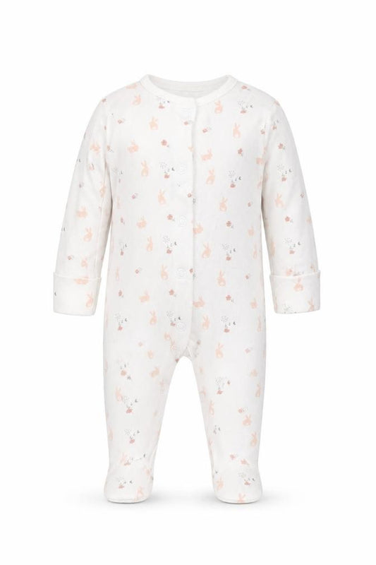 Front view of F&F girls’ white solid cotton cami one piece, size 0-3, months button - rabbits