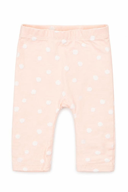 Front view of Matalan girls’ pink polka dot cotton capri leggings, size 3-6, months