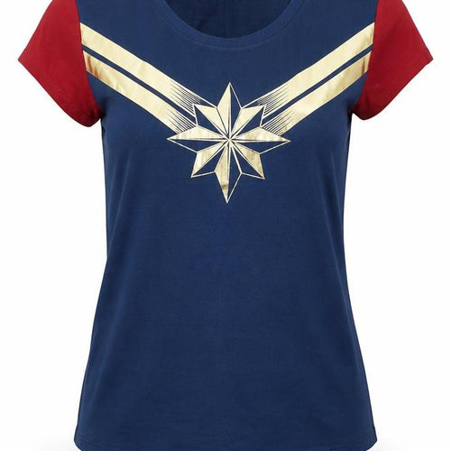 Preworn Womens Blue Colourblock Cotton Basic T-Shirt Size S Round Neck - Marvel Superhero Top
