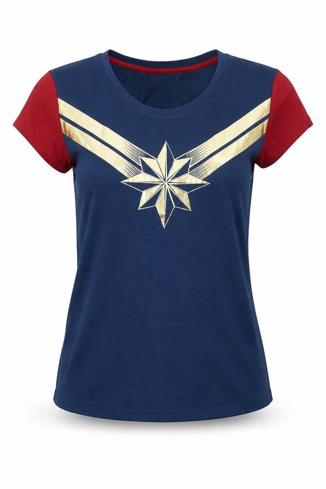 Preworn Womens Blue Colourblock Cotton Basic T-Shirt Size S Round Neck - Marvel Superhero Top