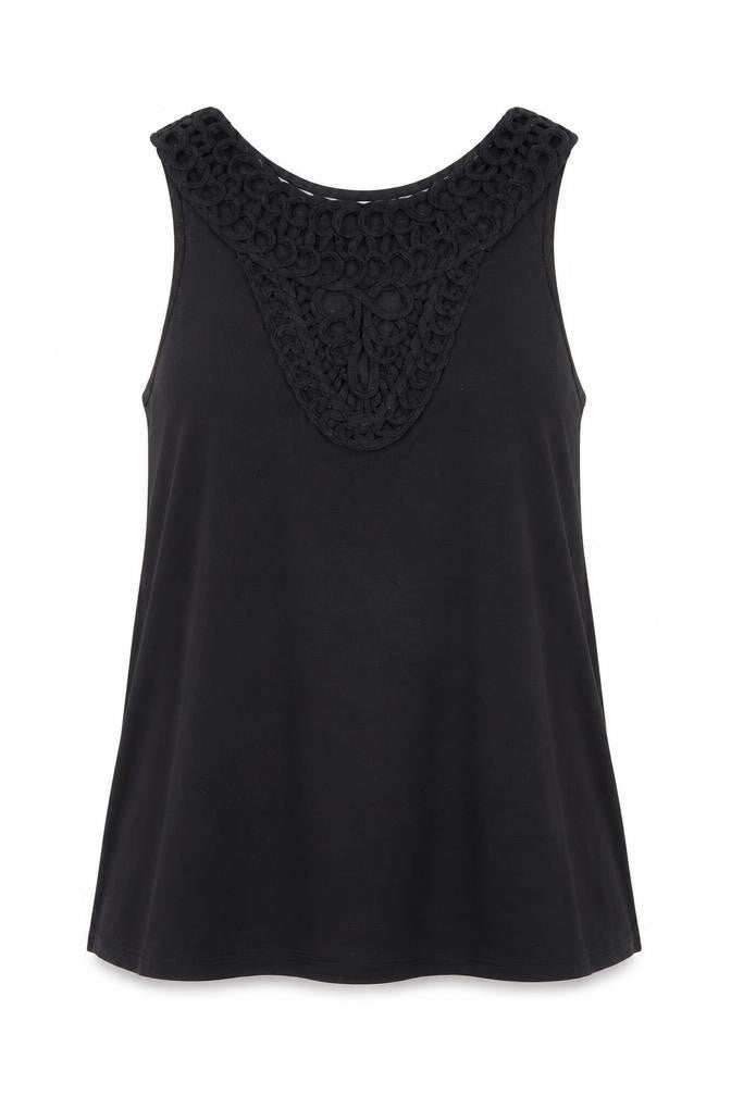 Front view of H&M women’s black polyester basic tank, size M, round neck - crochet neckline