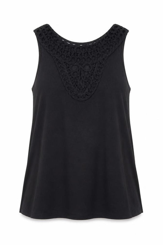 Front view of H&M women’s black polyester basic tank, size M, round neck - crochet neckline