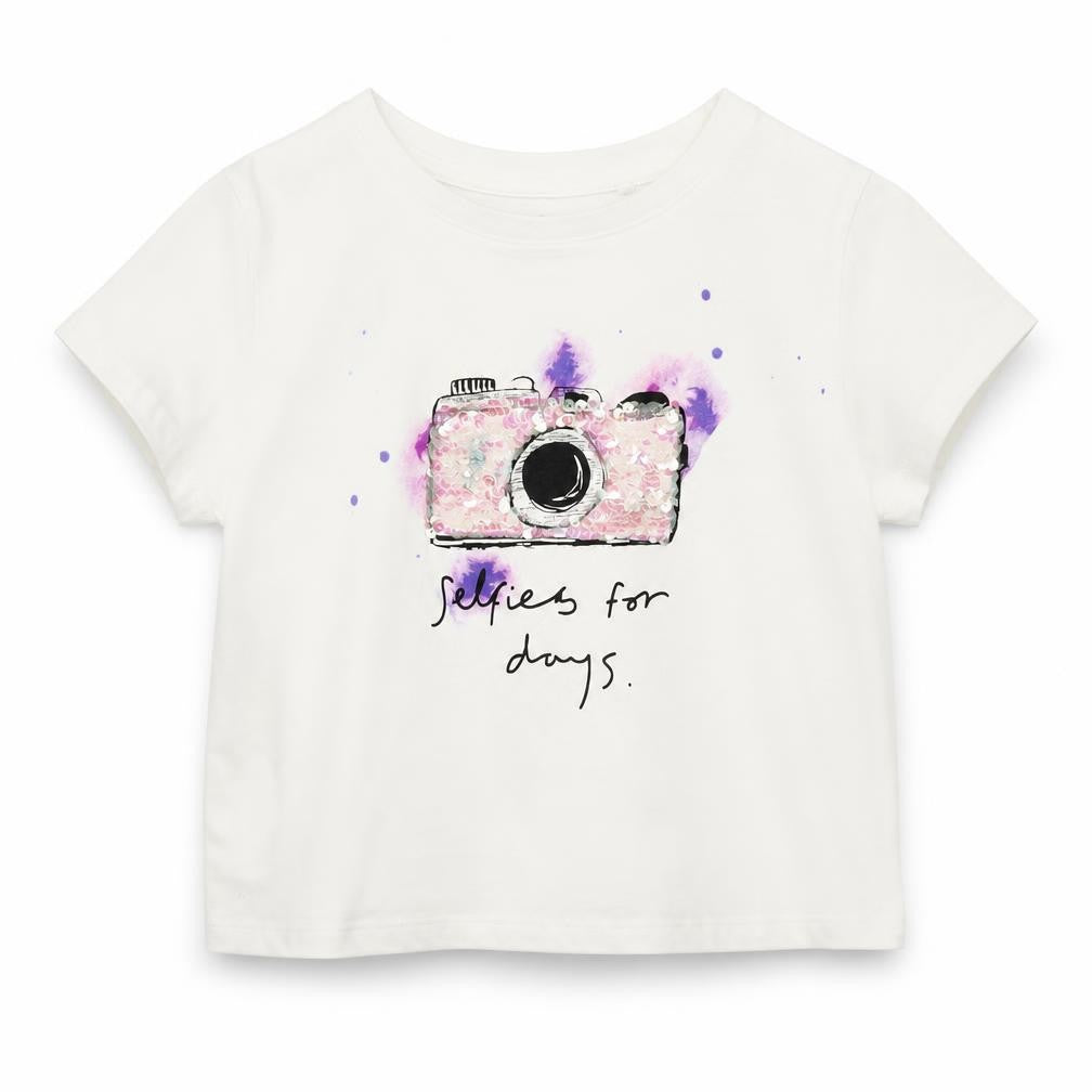 Front view of Next girls’ white cotton basic t-shirt, size 3, years crew neck - selfies for days