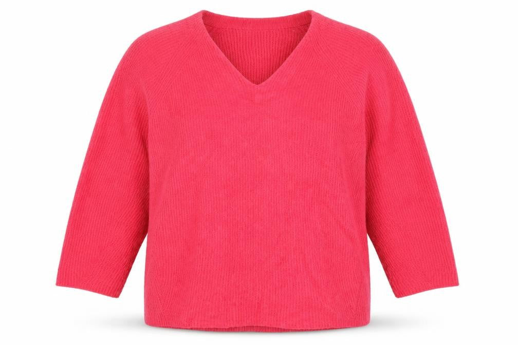 Front view of Topshop women’s pink round neck acrylic jumper, size UK 12