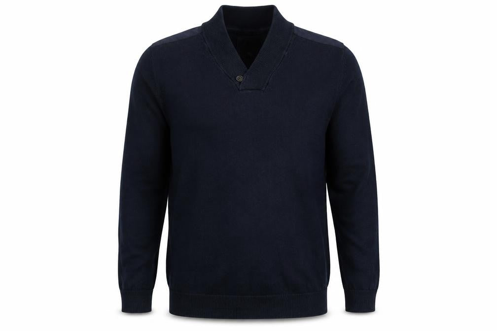 Front view of BRICE men’s blue v-neck cotton jumper, size M