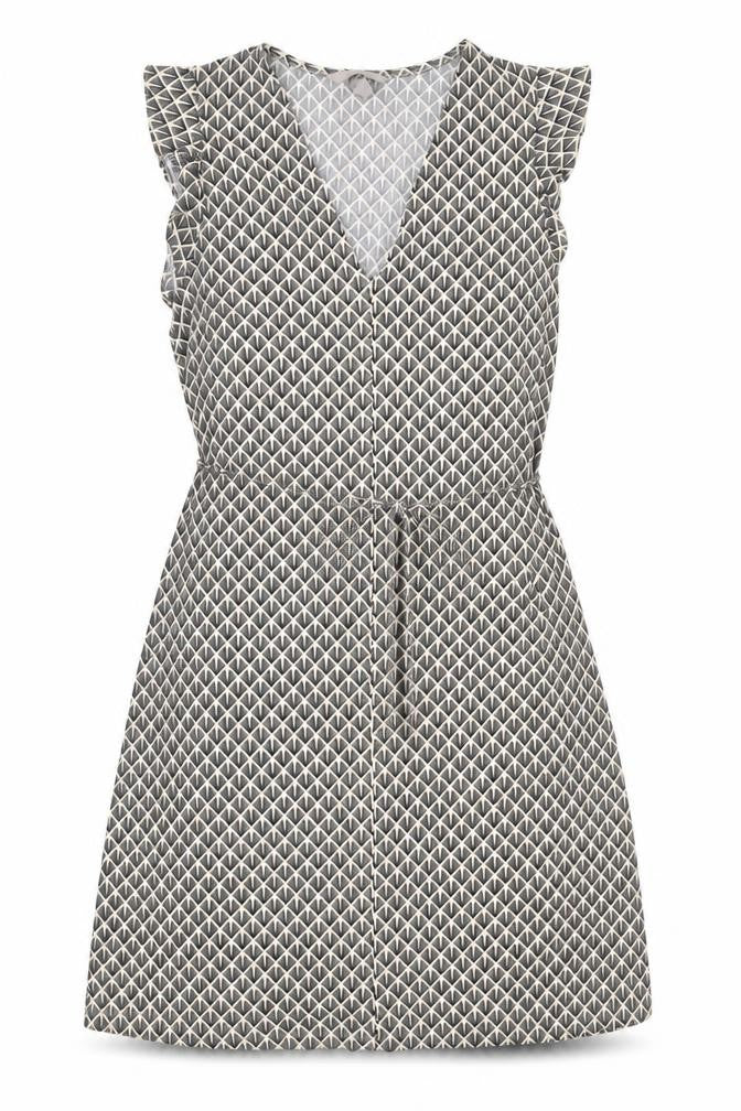 Front view of H&M women’s black geometric polyester a-line, size S, v-neck pullover