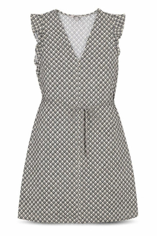 Front view of H&M women’s black geometric polyester a-line, size S, v-neck pullover