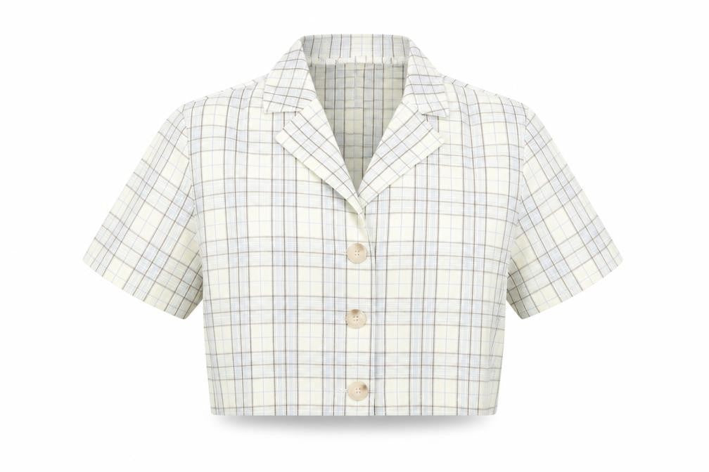 Front view of SHEIN women’s yellow plaid polyester cropped button-up, size XS, collared