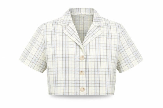 Front view of SHEIN women’s yellow plaid polyester cropped button-up, size XS, collared