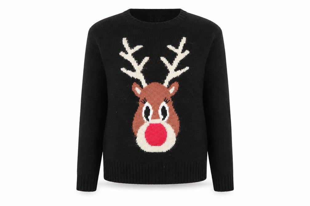 New Look Womens Black Round Neck  Acrylic Pullover Jumper Size 8   - raindeer